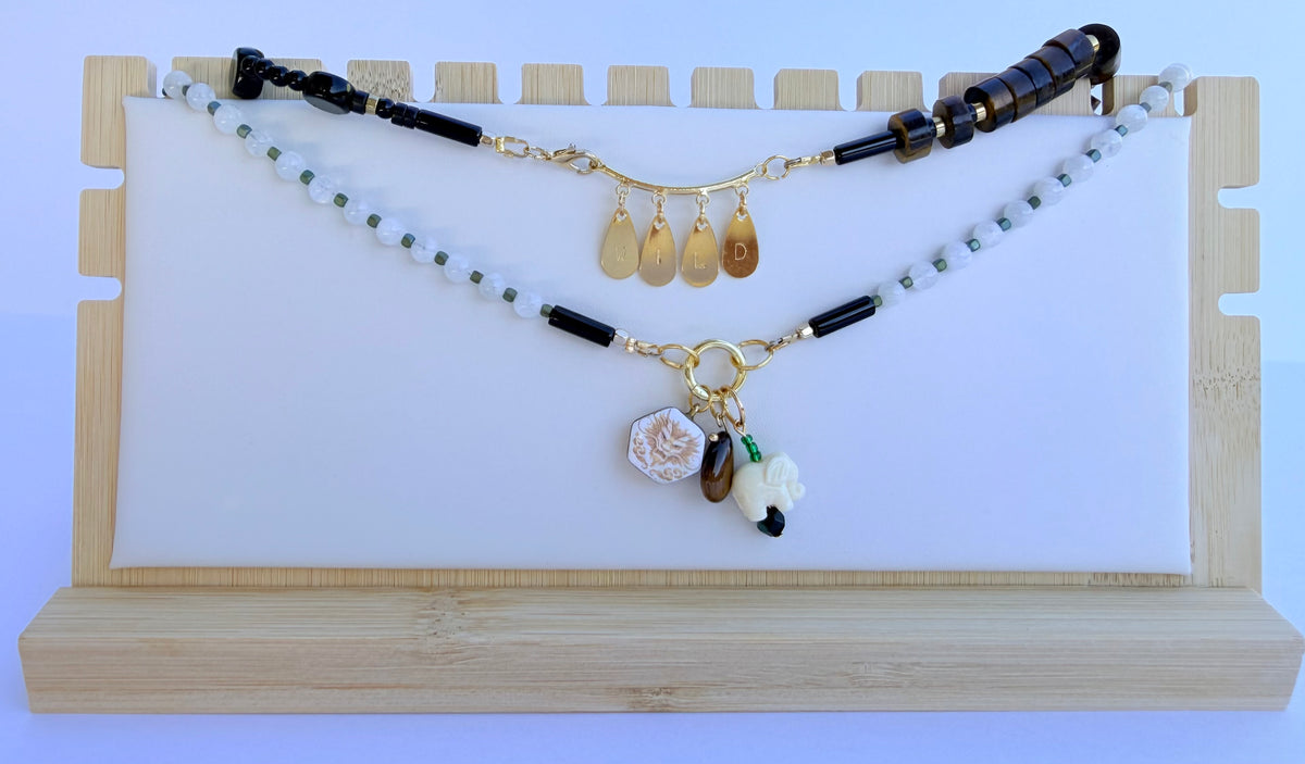 WILD Say It Without Words set — tiger's eye, black onyx, and tuxedo agate word necklace with moonstone and hematite companion necklace, 18k gold-plated findings